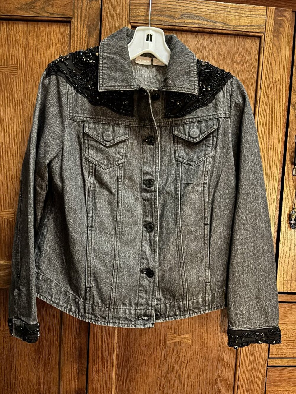 Chico’s Size 0 Gray Denim Jacket Black Beaded Embellished Jeweled Jean Jacket